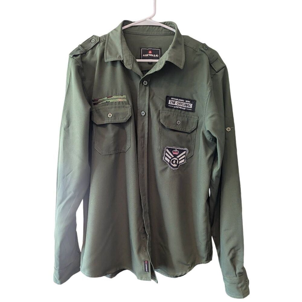 Airwalk Men's Green Shirt Long Sleeve With Tabs Polyester Parachute Shirt Size L